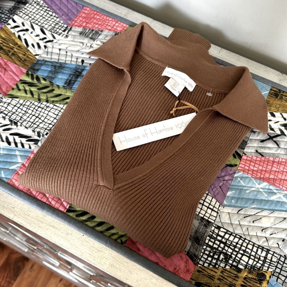 House of Harlow 1960 Deep V-Neck Ribbed Long Sleeve Sweater sz Small NWT Tan - Picture 6 of 7